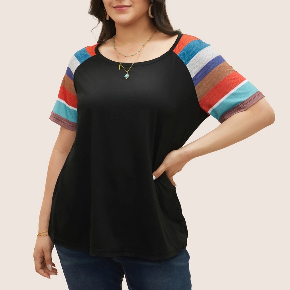 BloomChic Plus Size 6XL Striped Contrast Raglan Sleeve Round Neck T-shirt US30